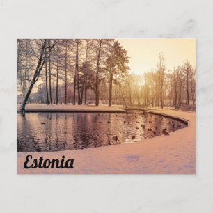 Carte Postale Coucher de soleil sur le parc avec petit lac gelé