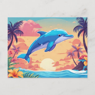 Carte Postale Coucher de soleil sur une île tropicale et dauphin