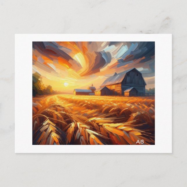 Carte Postale Coucher Le Soleil Sur Les Champs De Blé, (Devant)