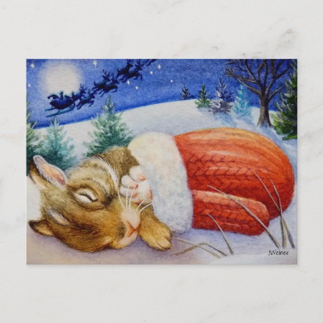 Carte Postale Couches de lapin en Père Noël l'aquarelle Mitten A (Devant)