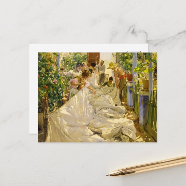 Carte Postale Coudre la voile par Joaquin Sorolla (Devant/Arrière en situation)