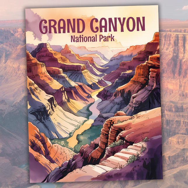 Carte Postale Couleur d'eau colorée sur mesure Grand Canyon Sout (Custom Grand Canyon South Rim Colorful Watercolor Postcard)