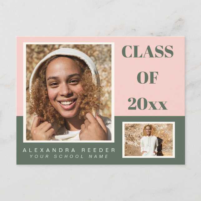 Carte Postale Couleur rose vert bloc 2 Photo 2022 Graduation (Devant)