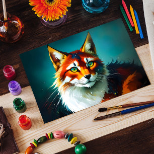 Carte Postale couleur vive imaginaire rouge chaton blanc animal