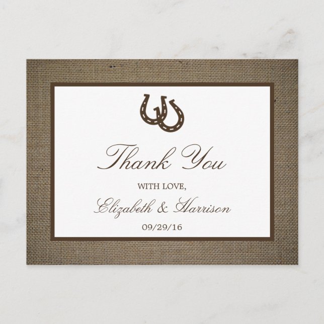 Carte Postale Country Rustic Horseshoe Sur Burlap Mariage (Devant)
