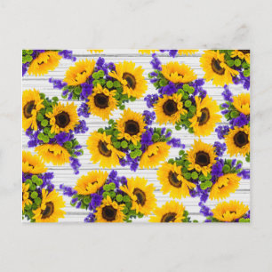 Carte Postale Country Rustic White Wood Purple Yellow Sunflower