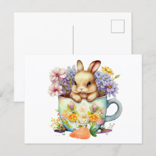 Carte Postale Coupe de thé à l'aquarelle mignonne lapin dans la 