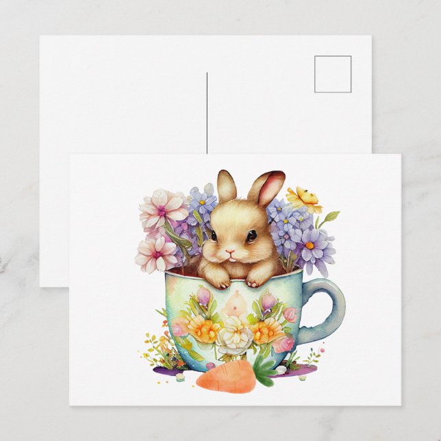 Carte Postale Coupe de thé à l'aquarelle mignonne lapin dans la  (Devant / Derrière)