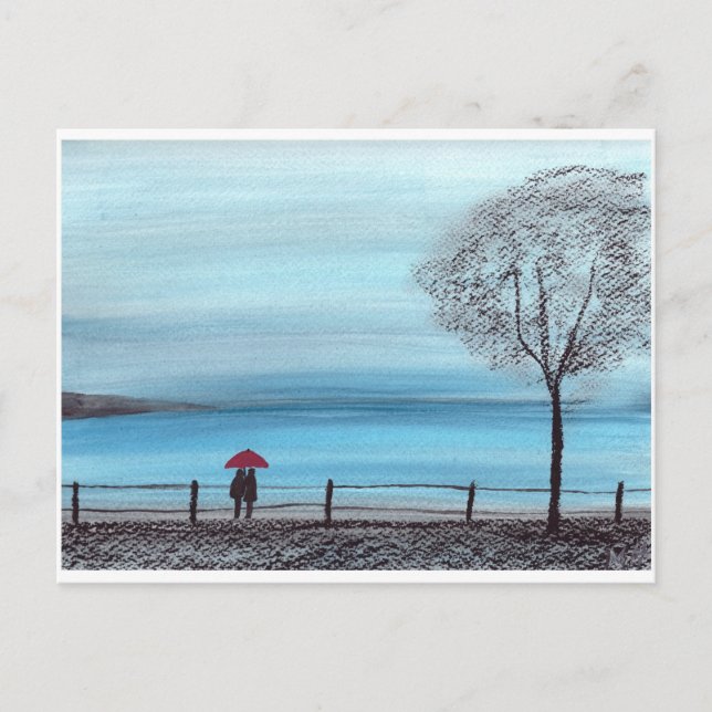 Carte Postale Couple amoureux avec parapluie rouge (Devant)
