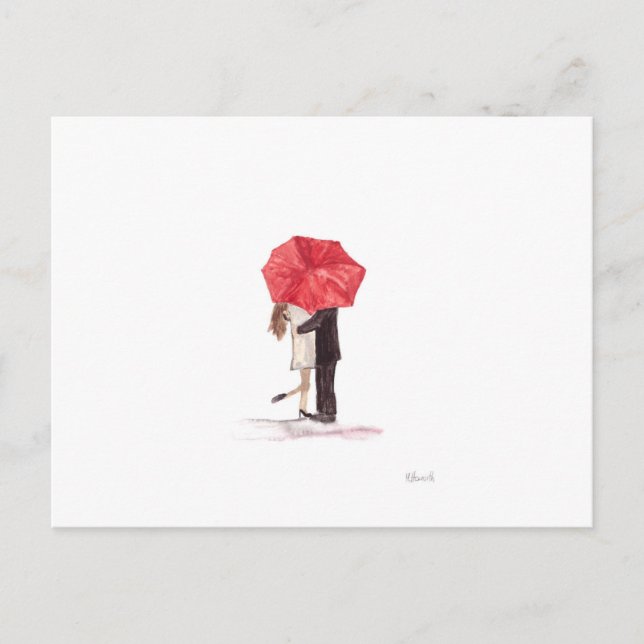 Carte Postale Couple amoureux sous parapluie rouge (Devant)