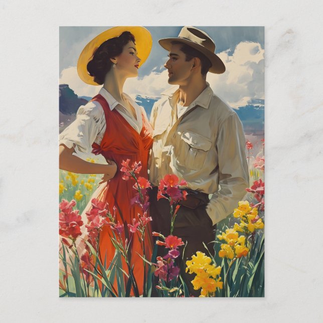 Carte Postale Couple au milieu des orchidées 1950 Vintage (Devant)