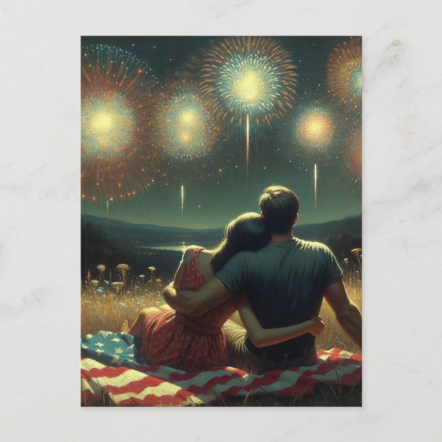 Carte Postale Couple Cuddling sous le feu d'artifice du 4 juille (Devant)