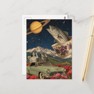 Carte Postale Couple dans une voiture rétro sautant un poisson d