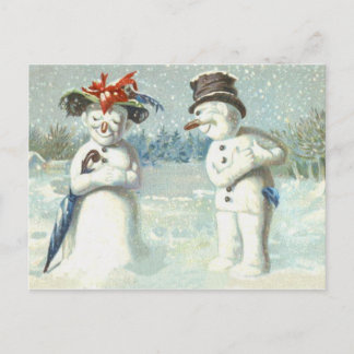 Carte Postale Couple de bonhomme de neige en champ hivernal enne