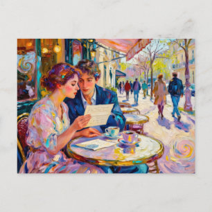 Carte Postale Couple de café impressionniste lisant et débattant