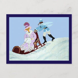 Carte Postale Couple de lévriers élégants vintage avec traîneau
