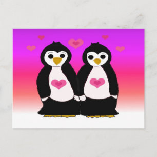 Carte Postale Couple de manchots avec des cœurs