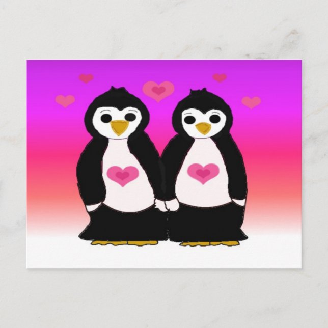 Carte Postale Couple de pingouin avec les coeurs (Devant)