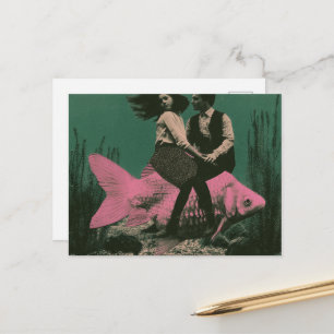 Carte Postale Couple de voyage en poisson rose fantastique