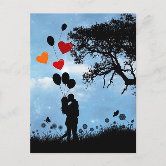 Carte Postale Couple en amour Silhouette et ballons (Devant)