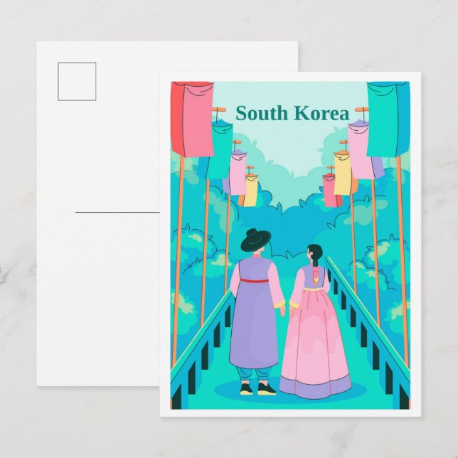 Carte Postale Couple in Seoul South Korea Travel Illustration (Devant / Derrière)