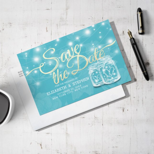 Carte Postale Couple Mason Jar Blue Floral Mariage Enregistrer L (Créateur téléchargé)