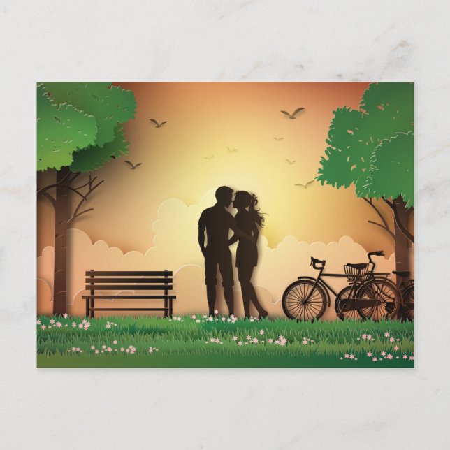 Carte Postale Couple Papercut dans Park Sunset, vélo (Devant)