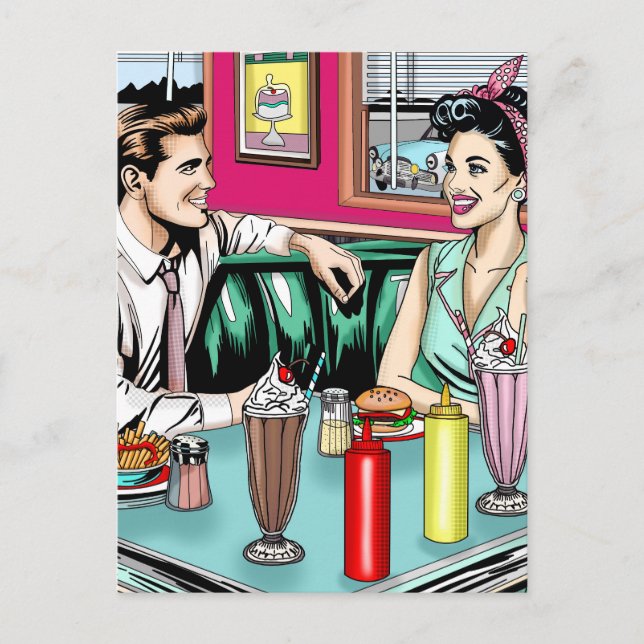 Carte Postale Couple rétro des années 1950 à Diner Blank (Devant)