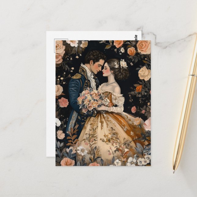 Carte Postale Couple Rococo Mariage Romantique Félicitations pou (Devant/Arrière en situation)