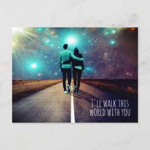 Carte Postale Couple texte personnalisé à pied vers Universe Gal