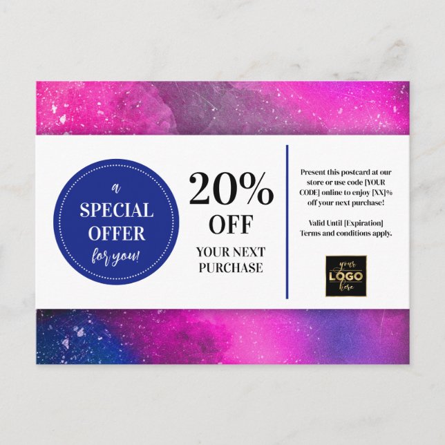 Carte Postale Coupon Aquarelle Magenta Rose Perdu Remise (Devant)
