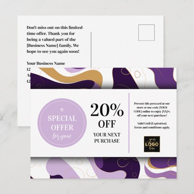 Carte postale Coupon Personnalisé Purple Or (Devant / Derrière)