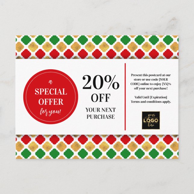 Carte Postale Coupon Rouge Vert Or Noël Remise (Devant)
