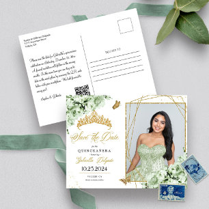 Carte Postale Couronne de diadème Vert Sauge & Or Quinceañera Ca