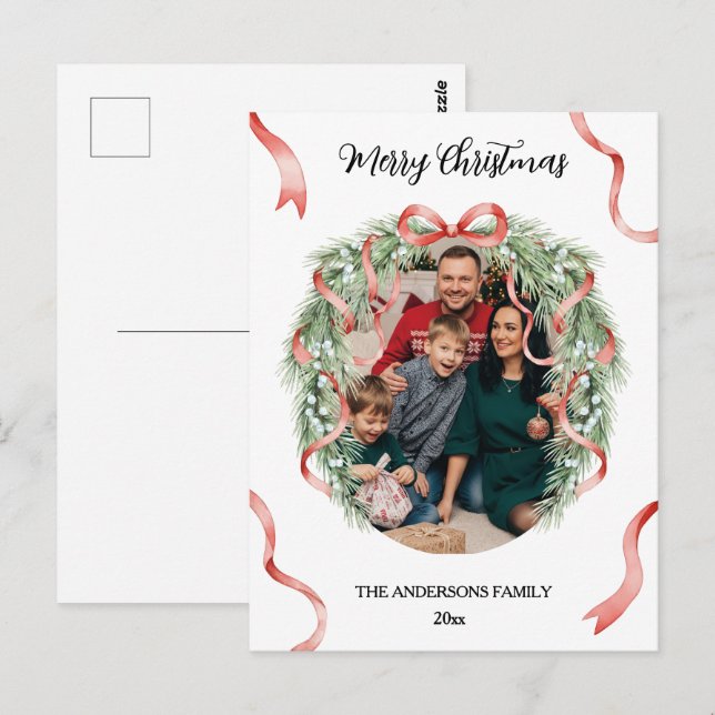 Carte Postale Couronne de Noël élégante avec photo de famille pe (Devant / Derrière)