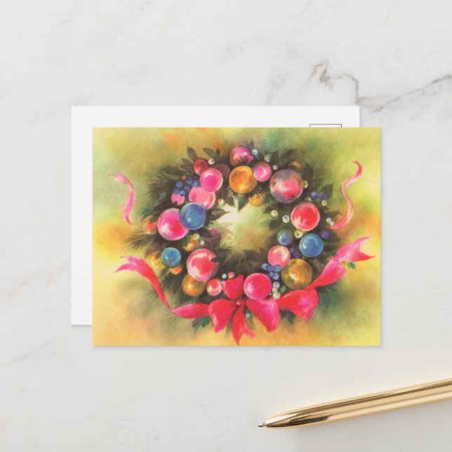 Carte Postale couronne de Noël rétro festive (Devant/Arrière en situation)