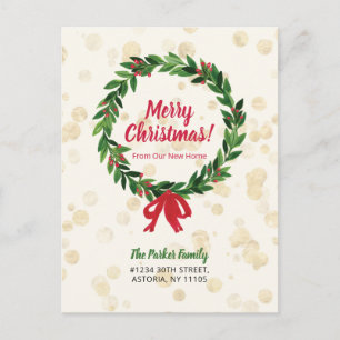 Carte Postale Couronne de Noël Rouge & Verte Annonce de Déménage