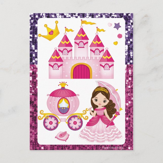 Carte Postale Couronne dorée Château Princesse Rose Violet Paill (Devant)