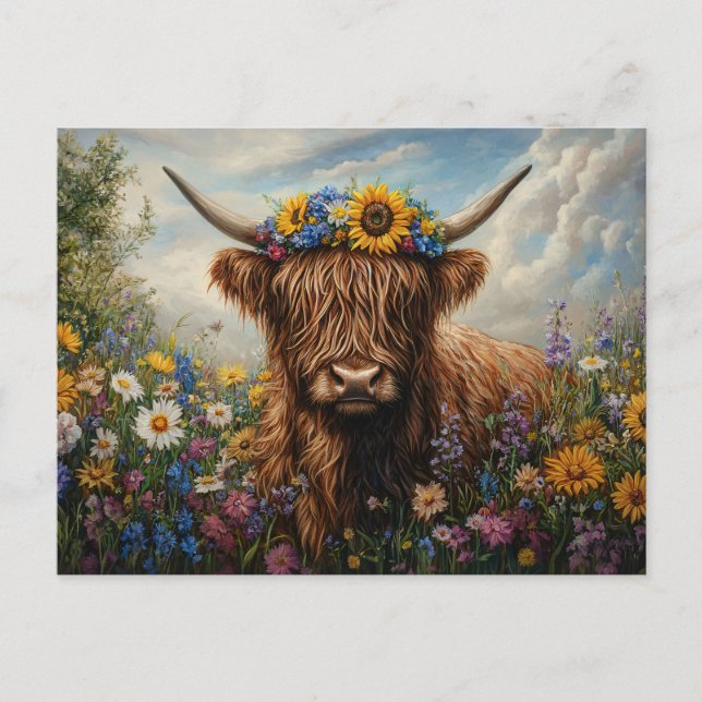 Carte Postale Couronne Fleur sauvage de vache Highland (Devant)