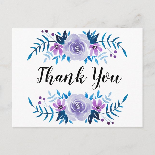Carte Postale Couronne florale bleu violet aquarelle Merci (Devant)
