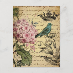 Carte Postale couronne script hydrangea oiseau français botaniqu