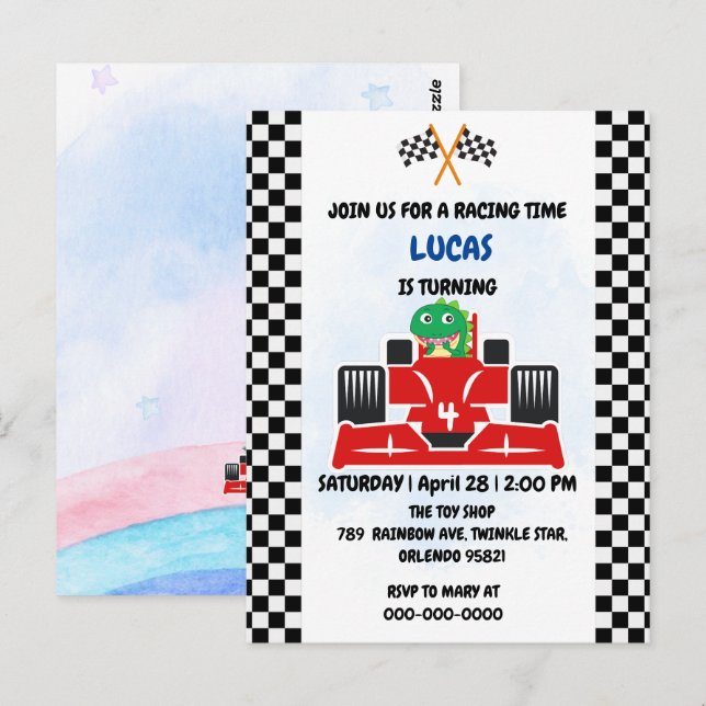 Carte Postale Course de dinosaure d'anniversaire voiture garçon  (Devant / Derrière)