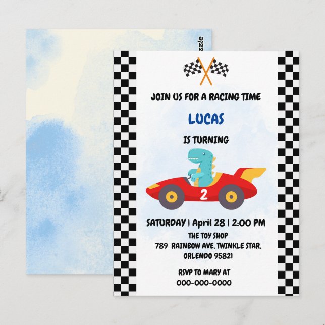 Carte Postale Course de voiture de dinosaure d'anniversaire garç (Devant / Derrière)