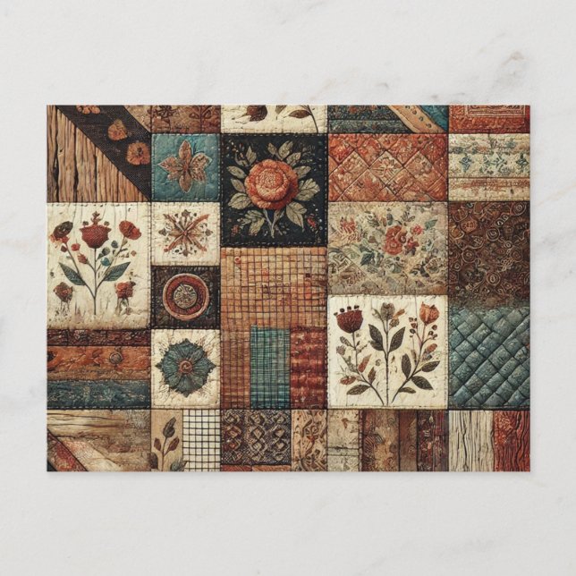 Carte Postale Courte patchwork en terre cuite, motif floral rust (Devant)
