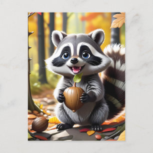 Carte Postale Coute Kawaii style Raccoon Autumn Cadre
