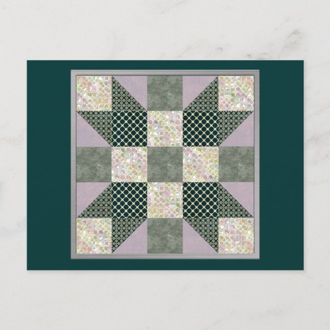 Carte Postale Couvre-lit Patchwork Étoile Vert Dk Et Lavande (Devant)