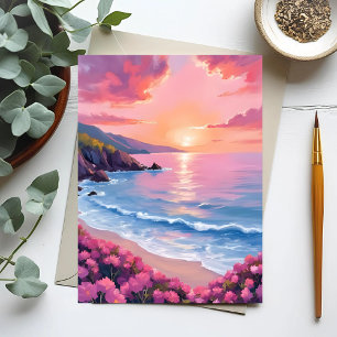 Carte Postale Cove Fleurie Fleurs Aquarelles Océan Rose