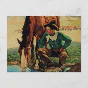 Carte Postale Cow-boy abreuvant son cheval par NC Wyeth