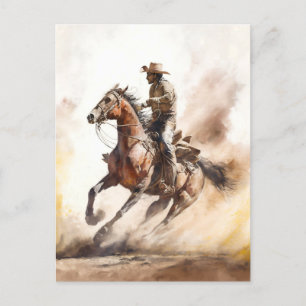 Carte Postale Cow-boy western poussiéreux à l'aquarelle montant