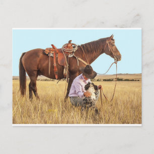 Carte Postale Cowboy, Cheval et Chien